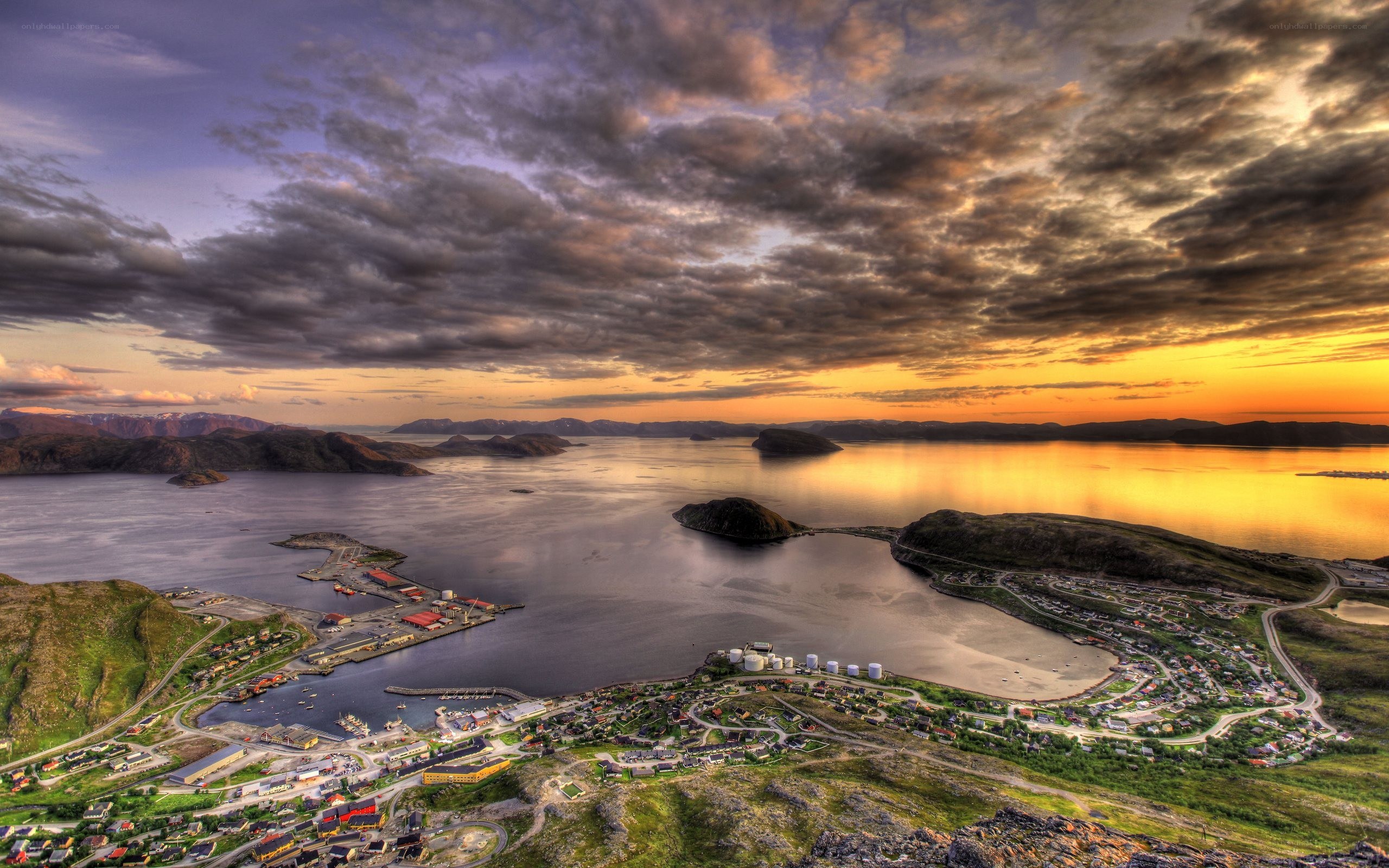 Sunset over coastal town