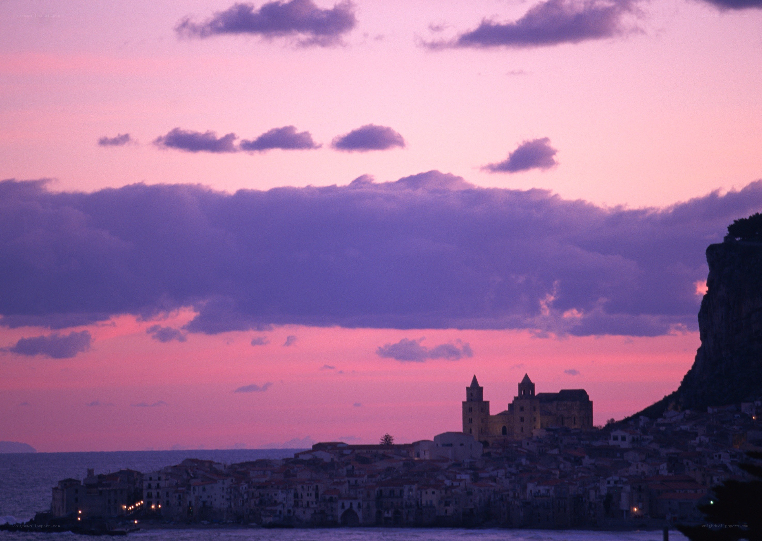 sunset over coastal town