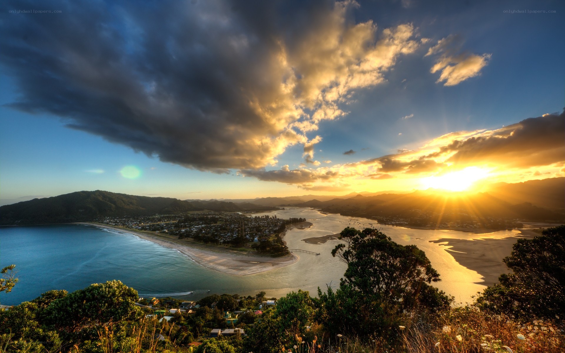 Sunset over coastal town