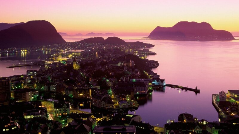sunset over coastal town