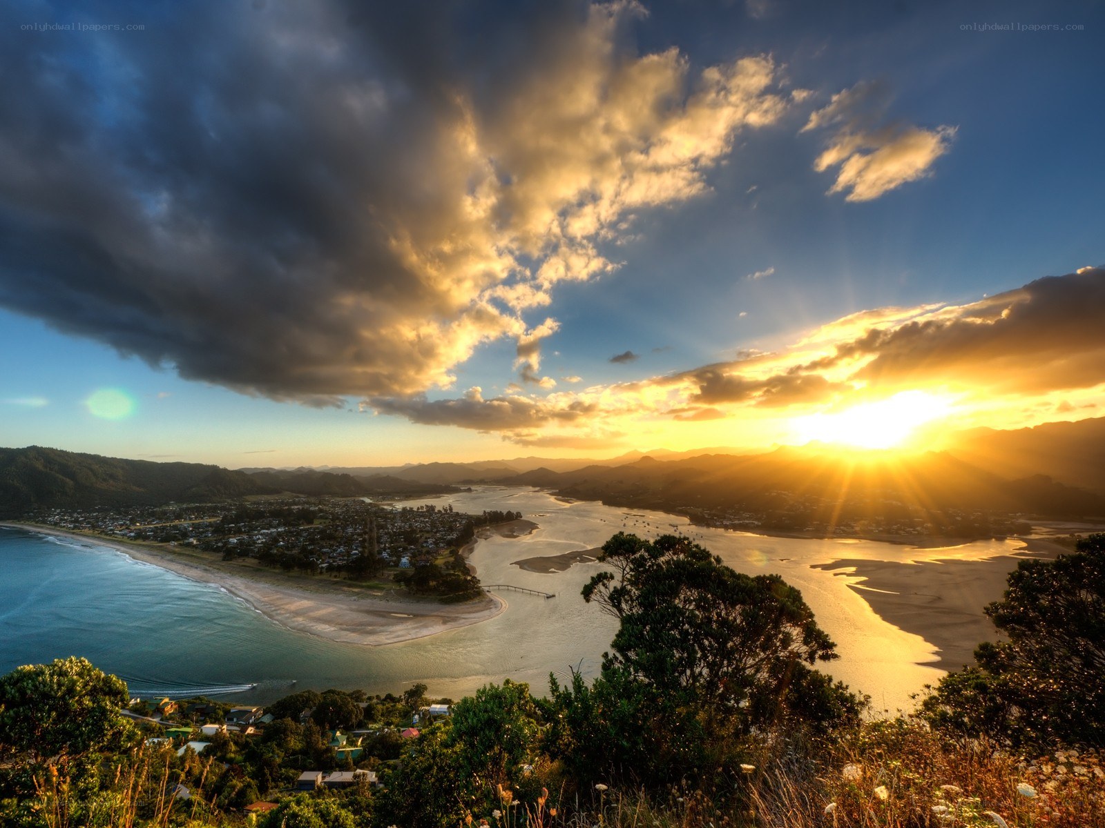 Sunset over coastal town