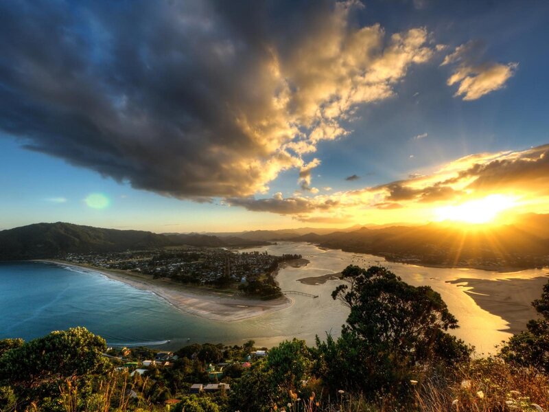 Sunset over coastal town