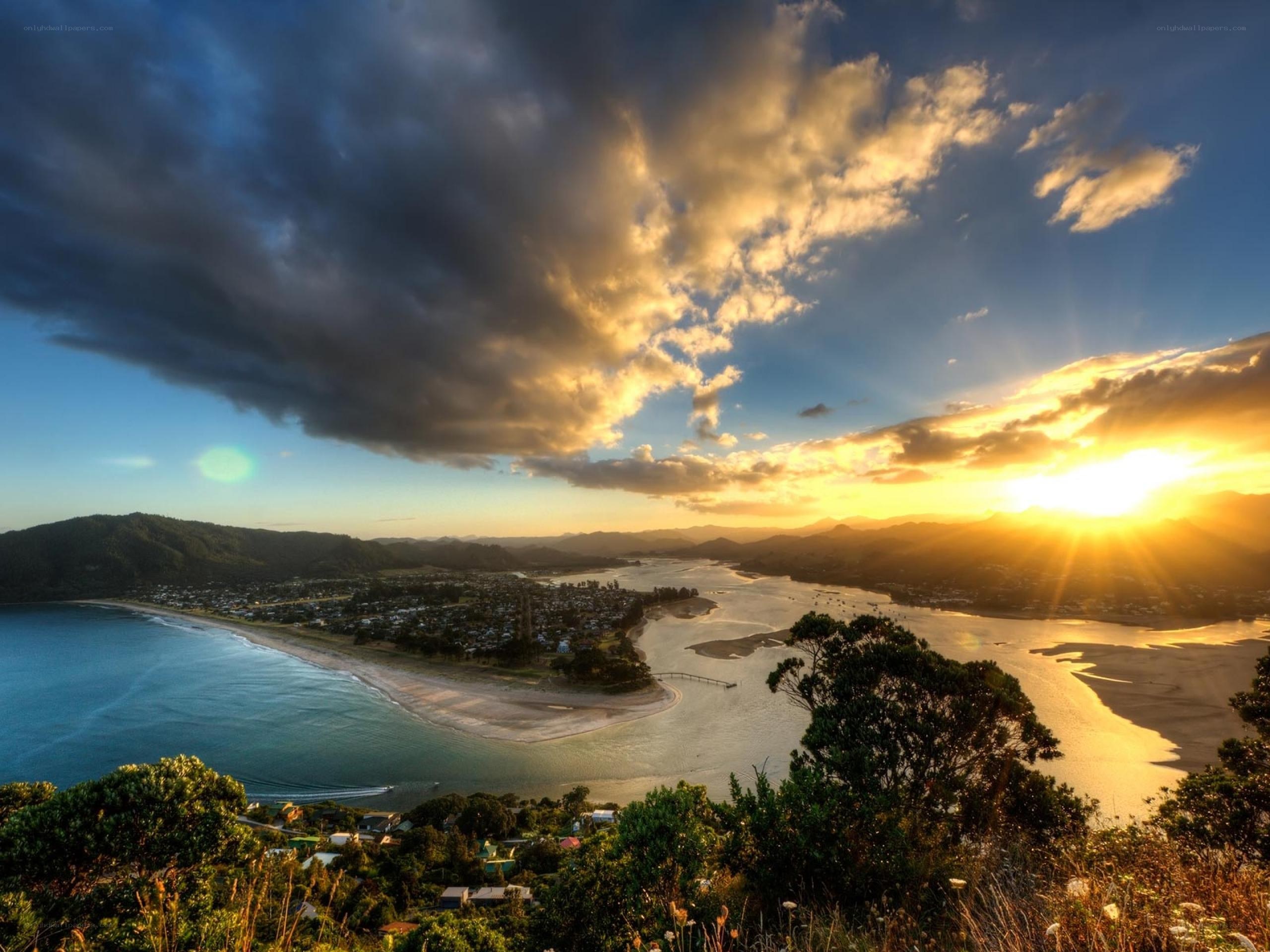 Sunset over coastal town
