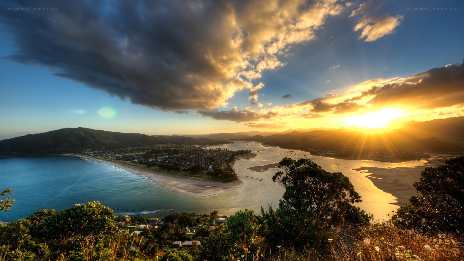 sunset over coastal town
