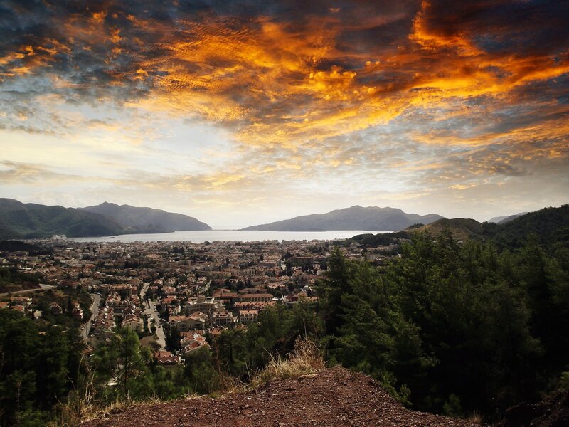Sunset over coastal town