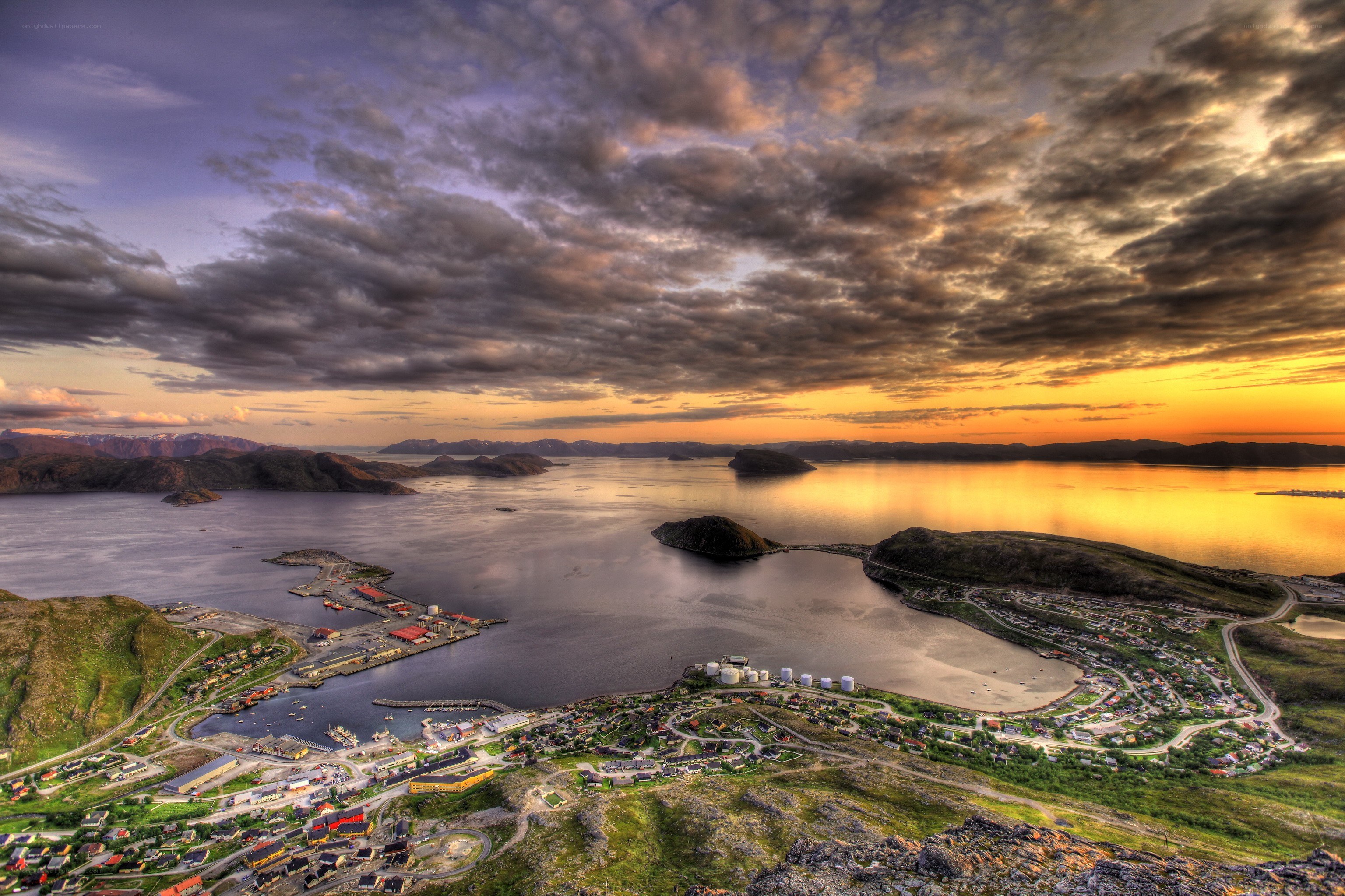 Sunset over coastal town