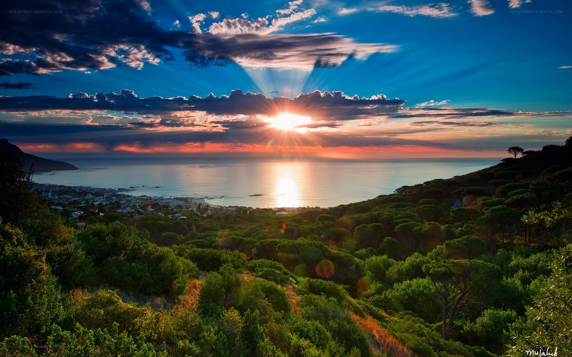 Sunset over coastal town