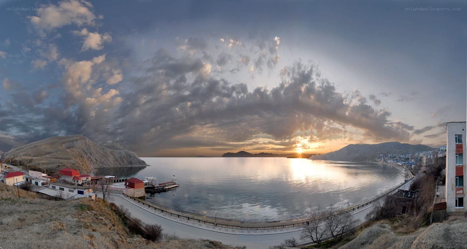Sunset over coastal town
