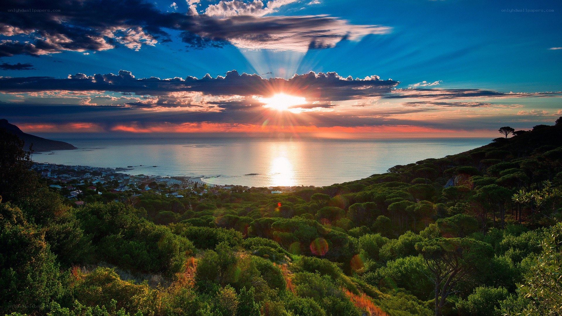 Sunset over coastal town