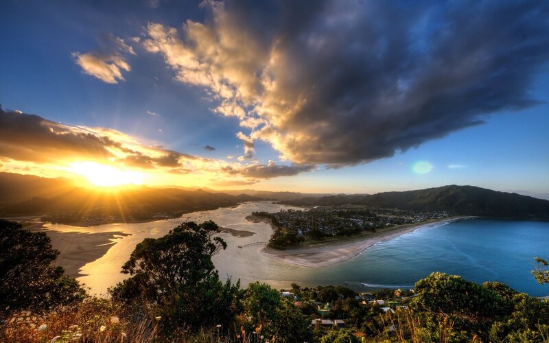 sunset over coastal town