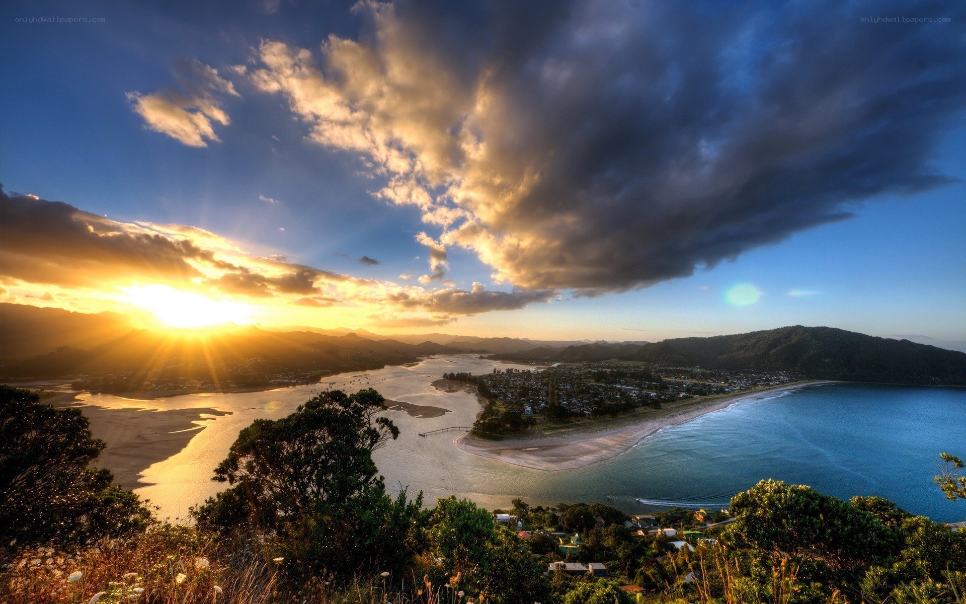 sunset over coastal town