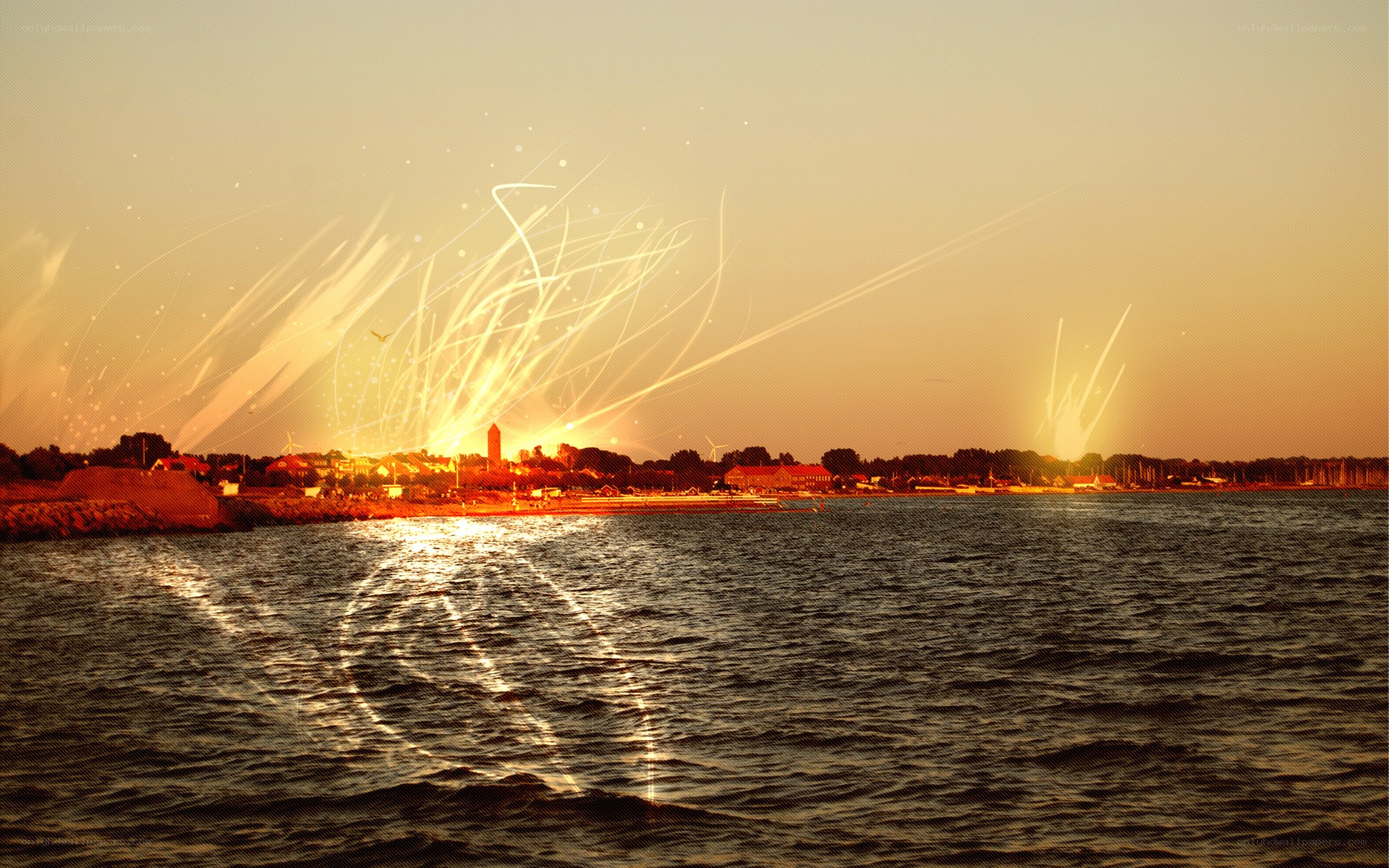 Sunset over coastal town