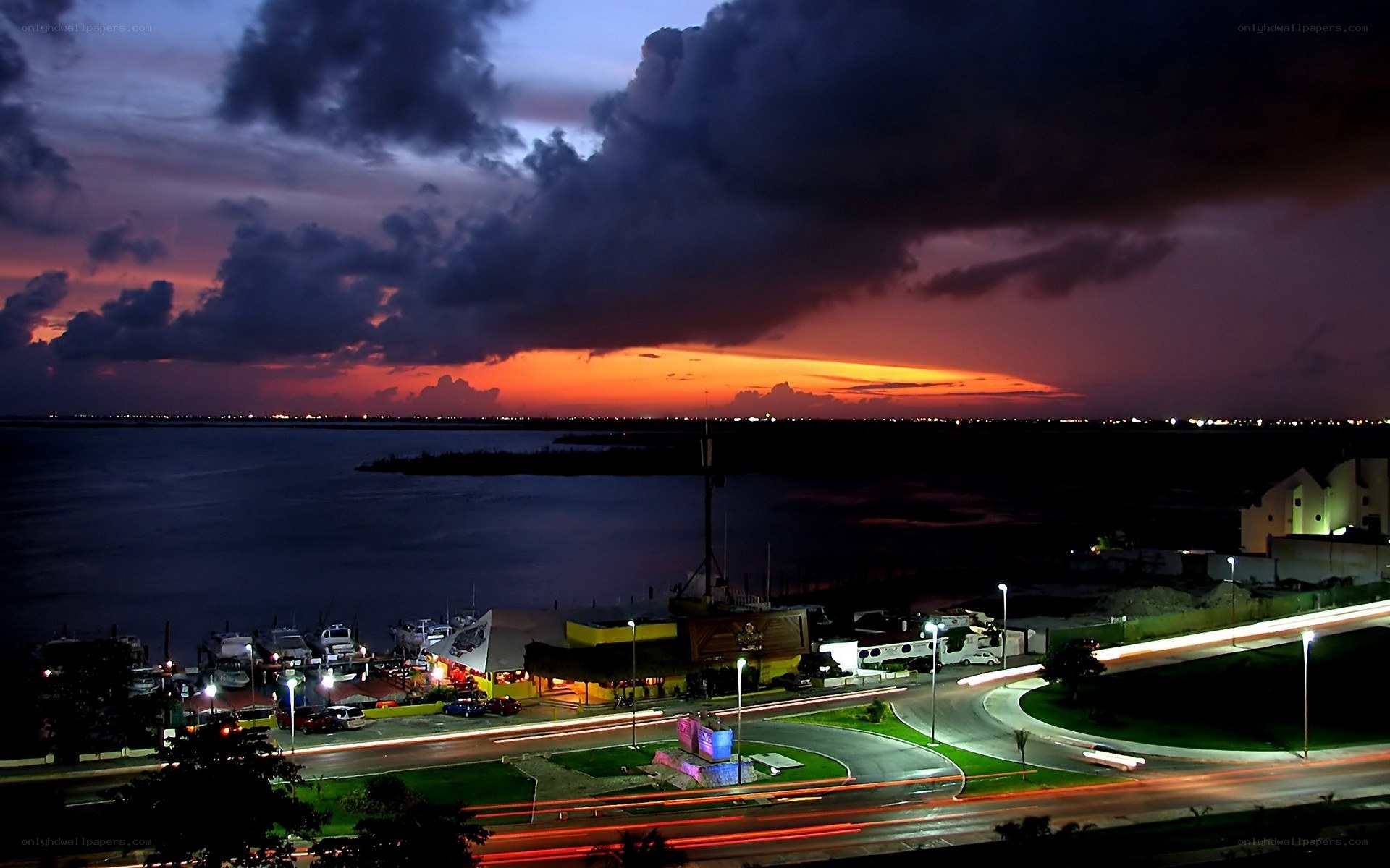 sunset over coastal town