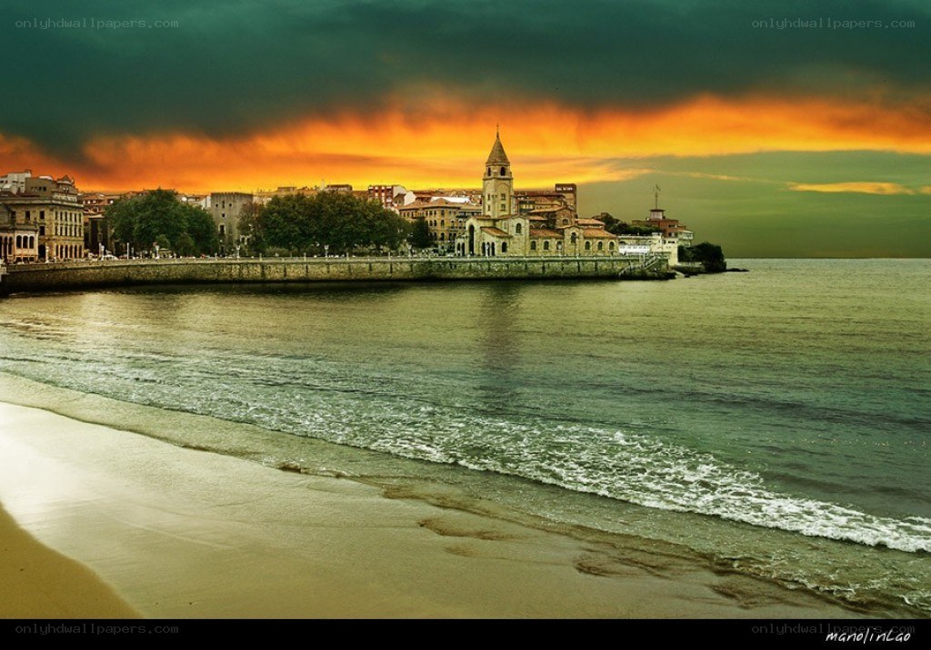Sunset over coastal town