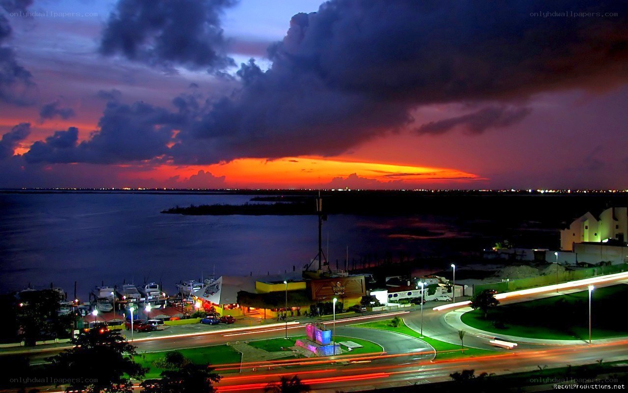 sunset over coastal town