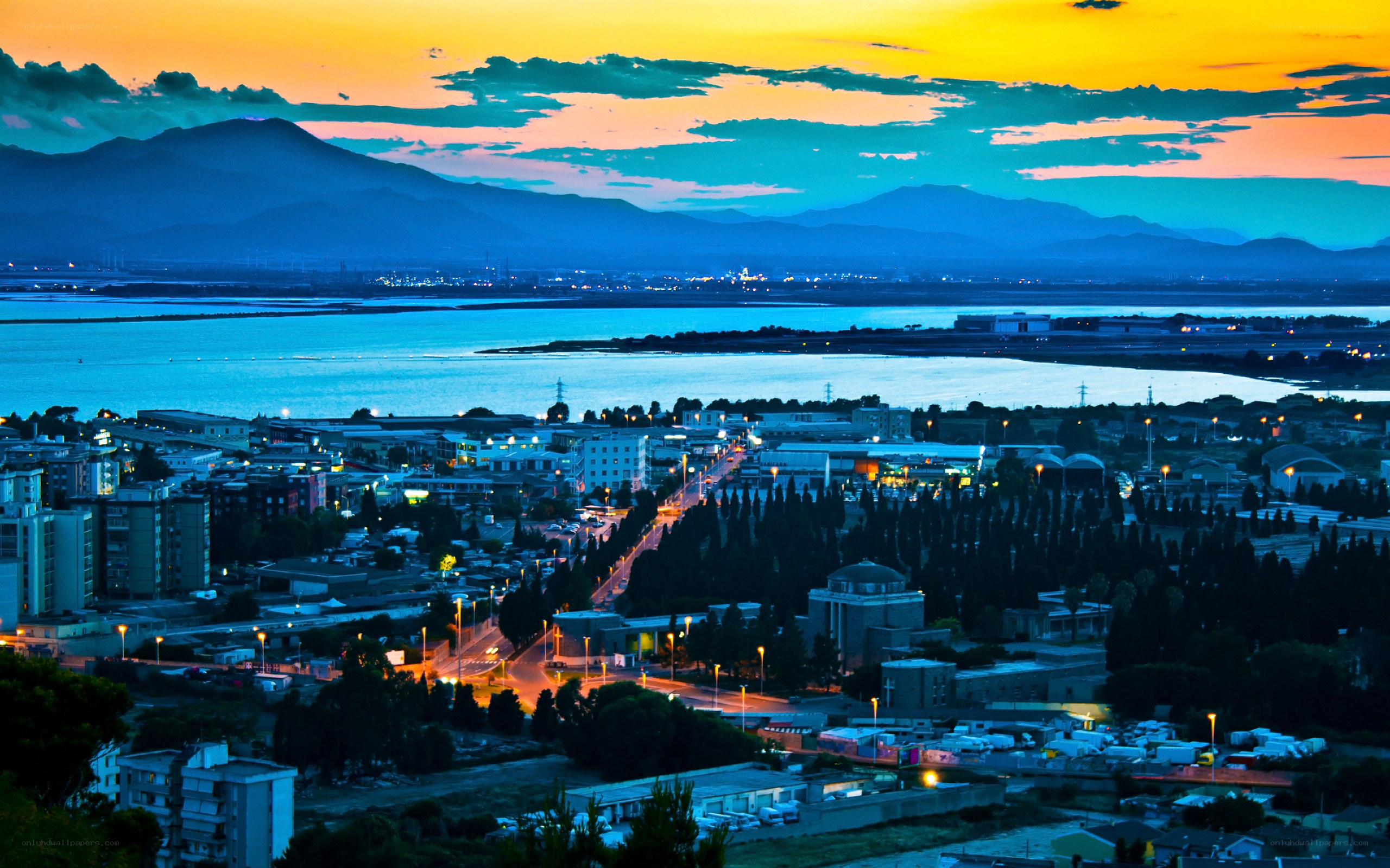 sunset over coastal town