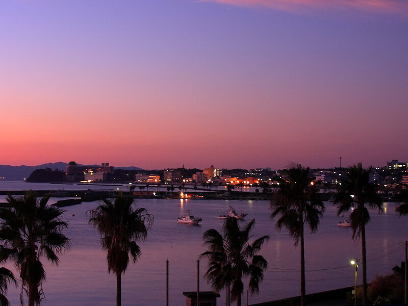 sunset over coastal town