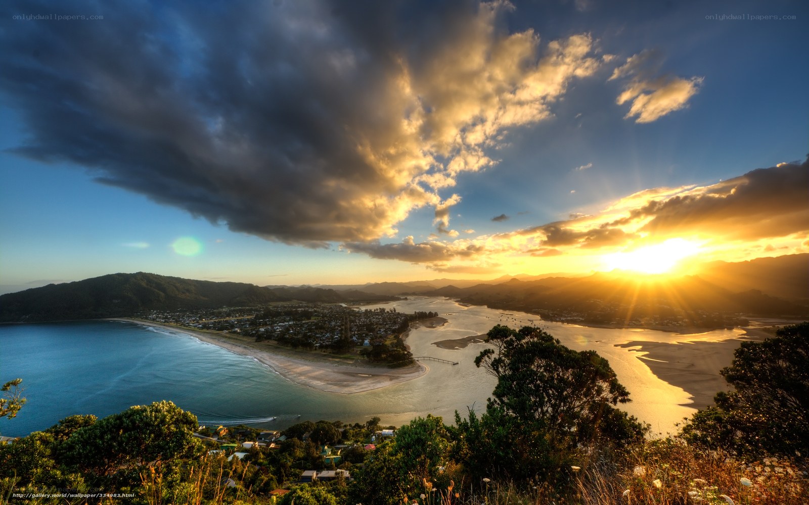 Sunset over coastal town