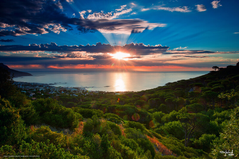 Sunset over Coastal Town — Blue, Dramatic, Photograph, Ocean, Trees