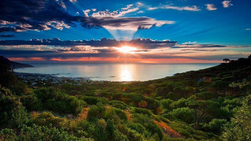 Sunset over Coastal Town — Blue, Dramatic, Photograph