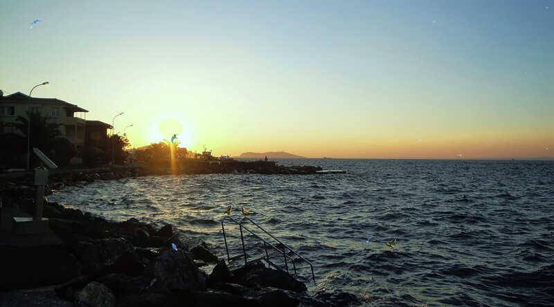Sunset over Coastal Town — Blue, Serene, Photograph