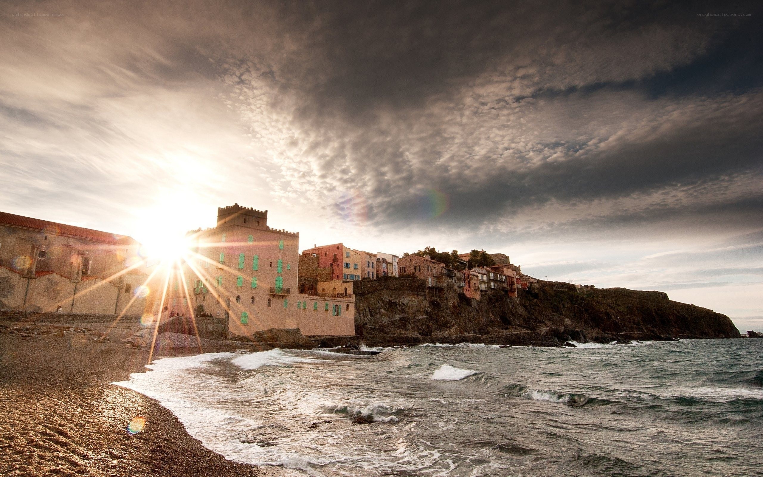 Sunset over coastal village