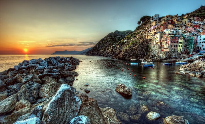 Sunset over coastal village
