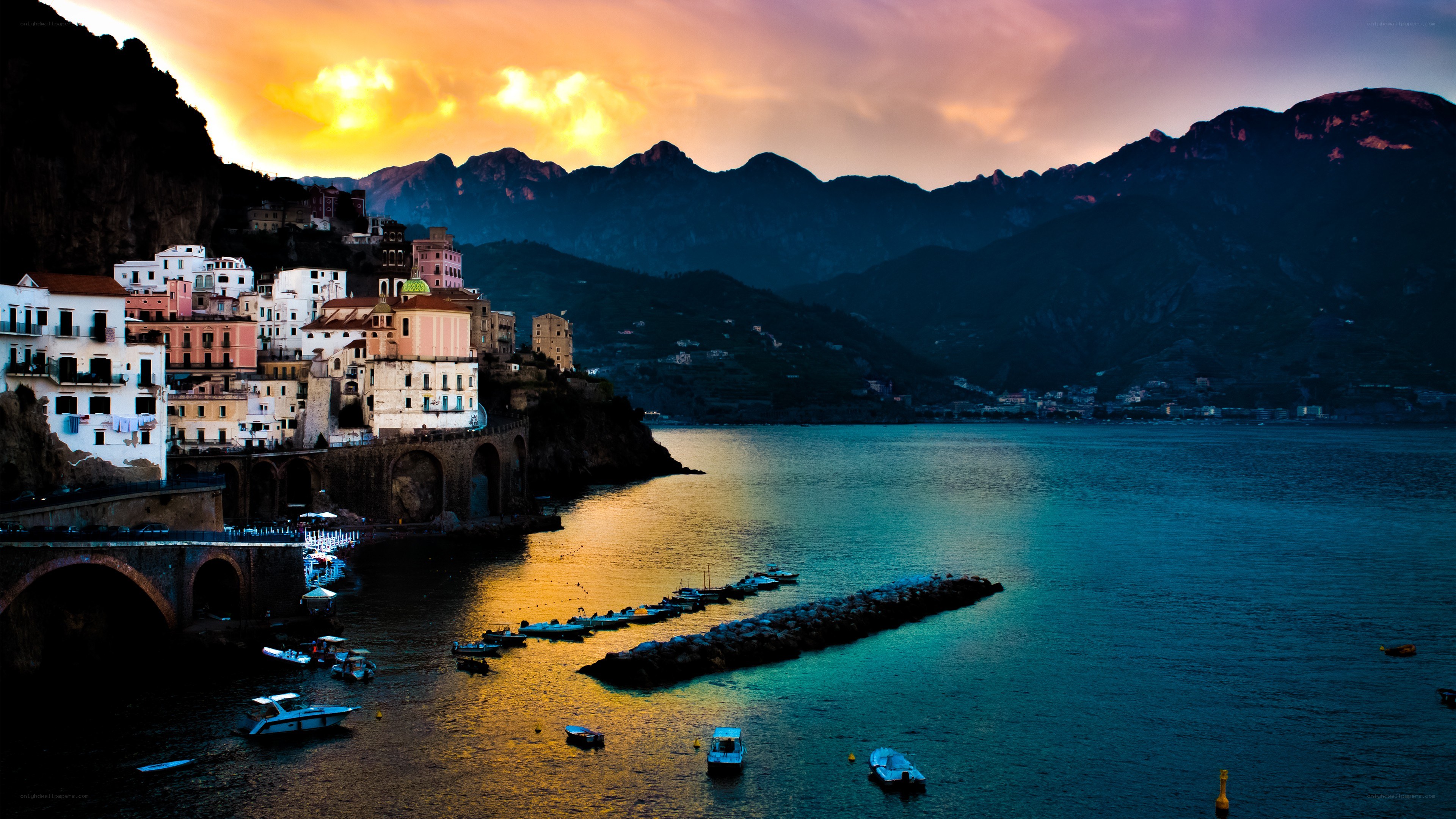 Sunset over coastal village