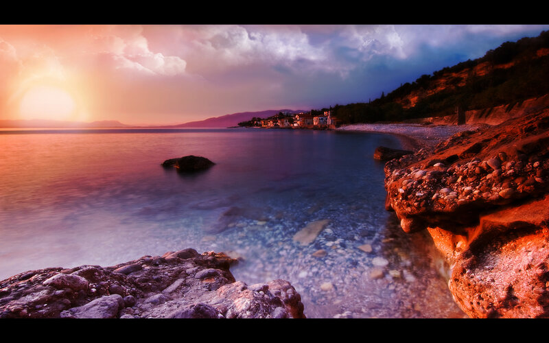 Sunset over coastal village