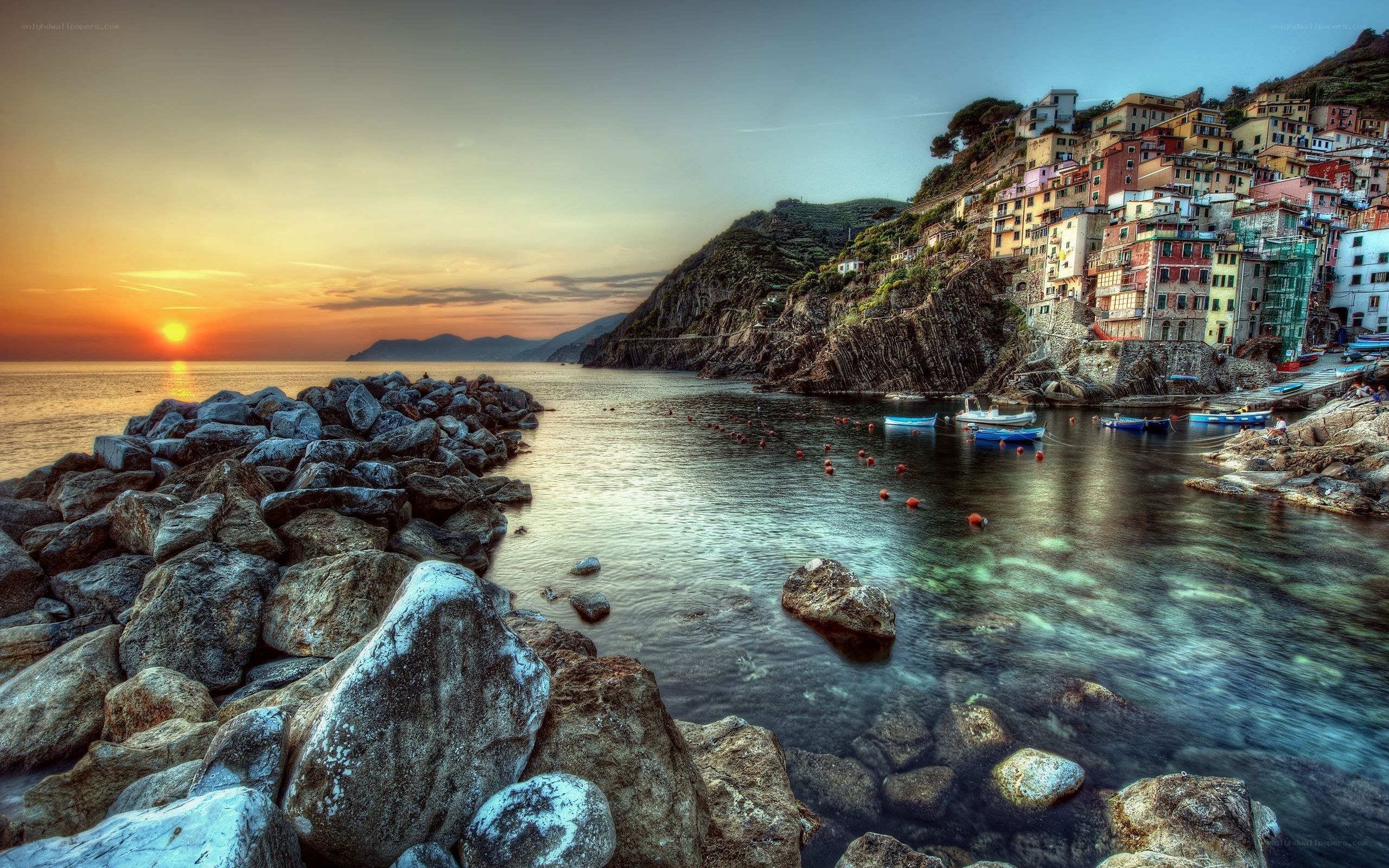 Sunset over coastal village