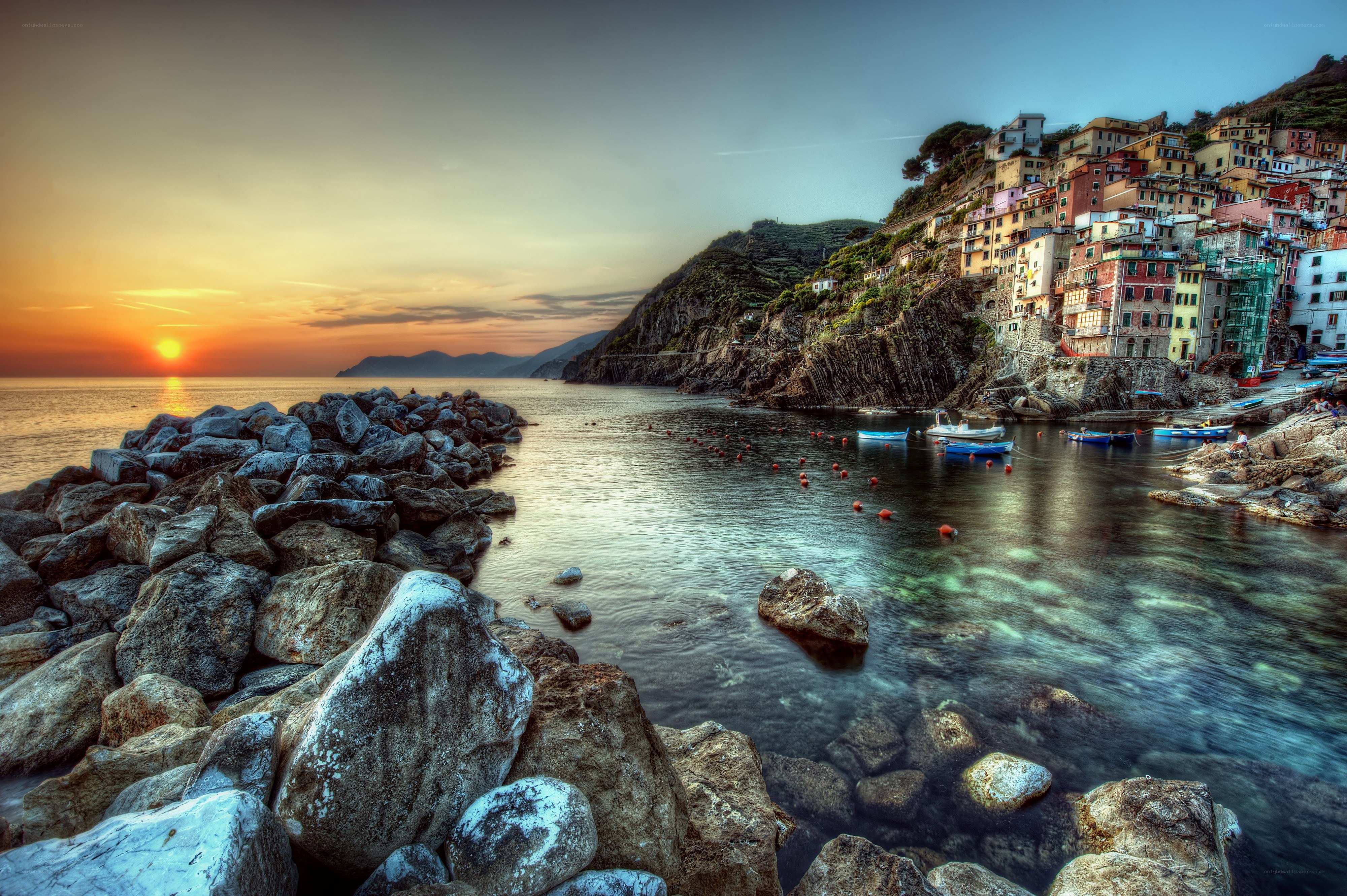 Sunset over coastal village