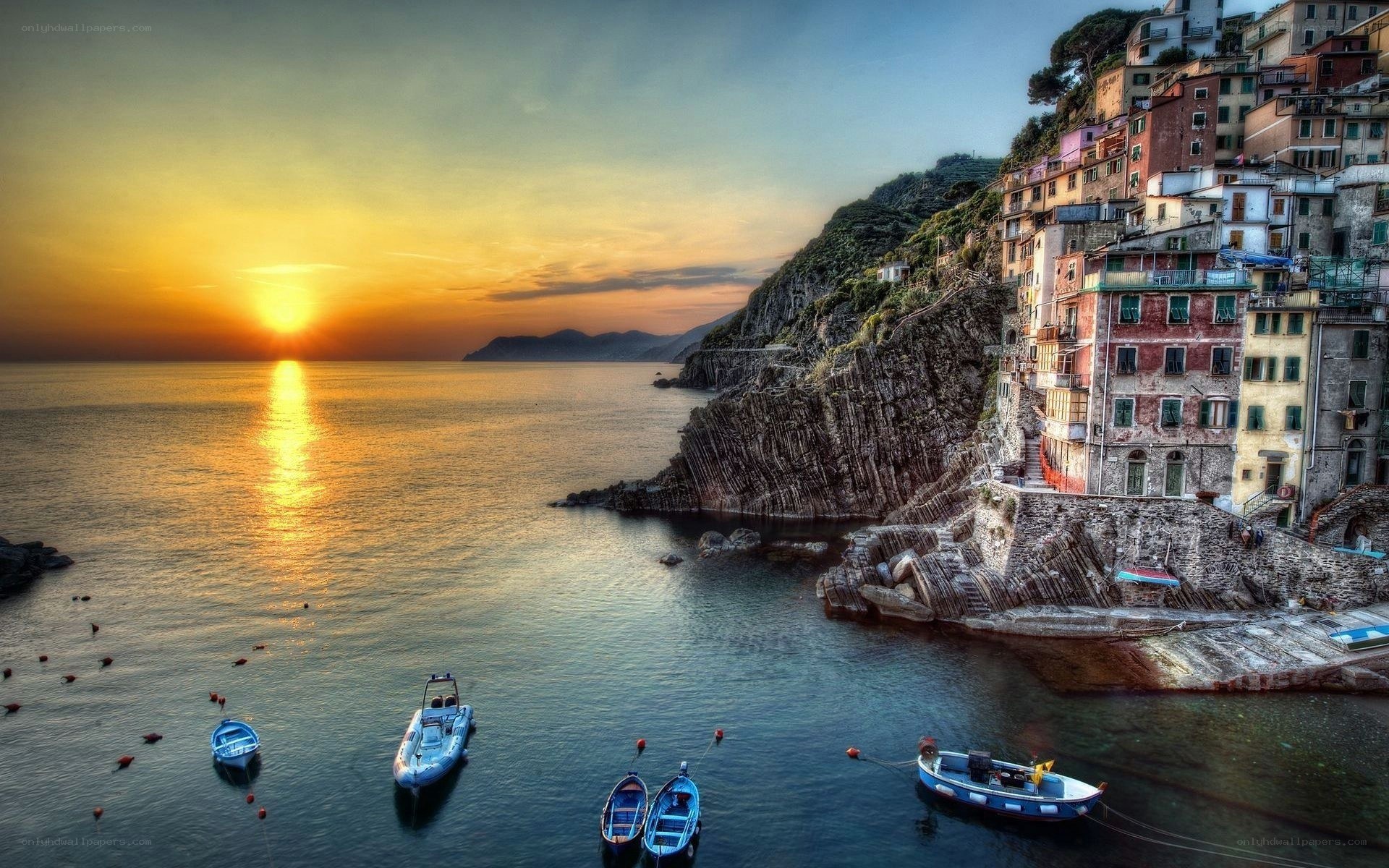 Sunset over coastal village