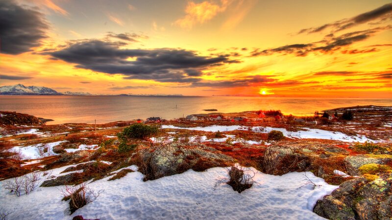 Sunset over Coastal Village — Orange, Dramatic