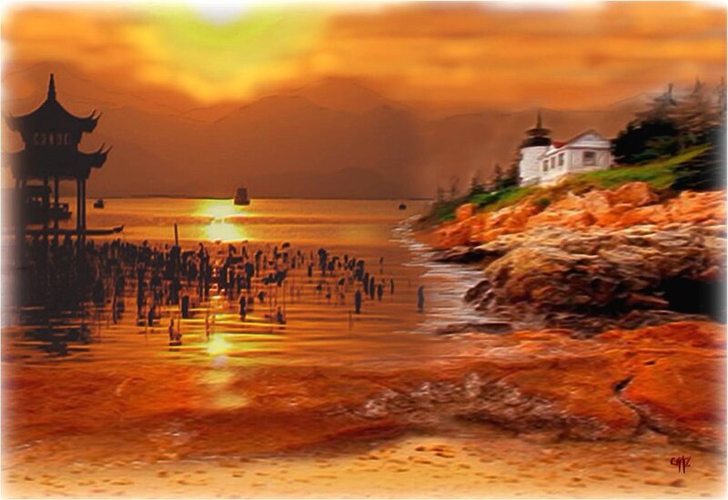 Sunset over Coastal Village — Orange, Serene, Digital Art
