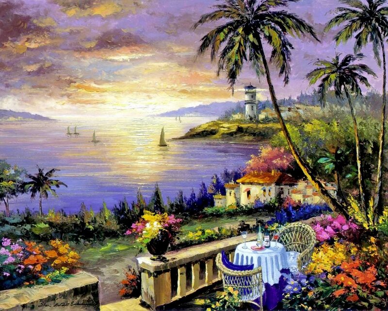 Sunset over Coastal Village — Purple, Serene