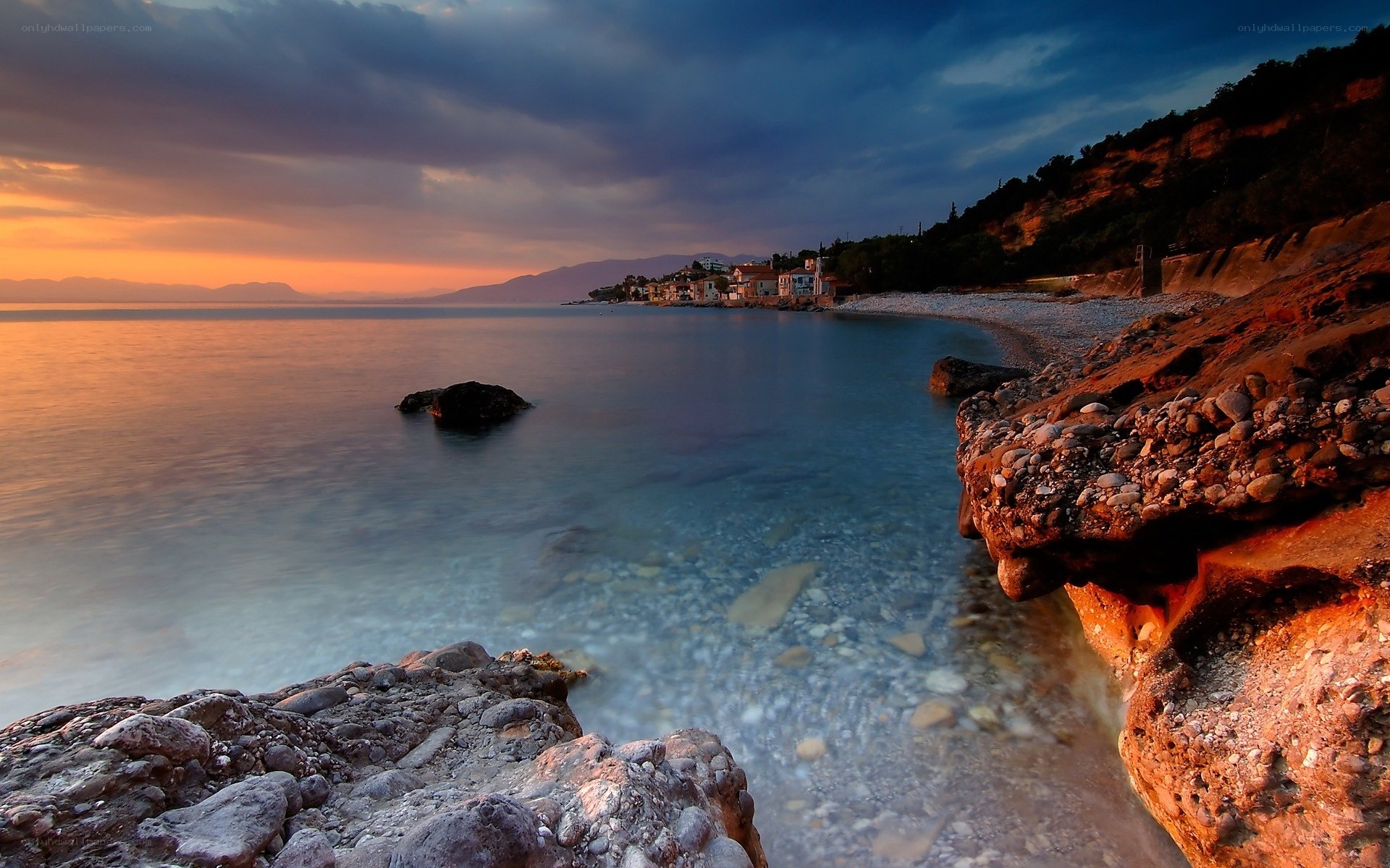 Sunset over coastal village