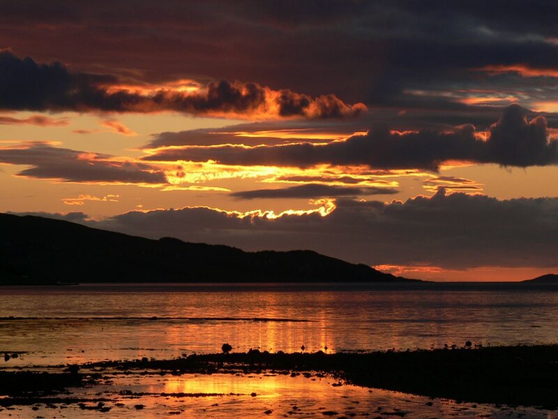 Sunset over Coastal Water — Orange, Dramatic, Photograph, Clouds, Mountain