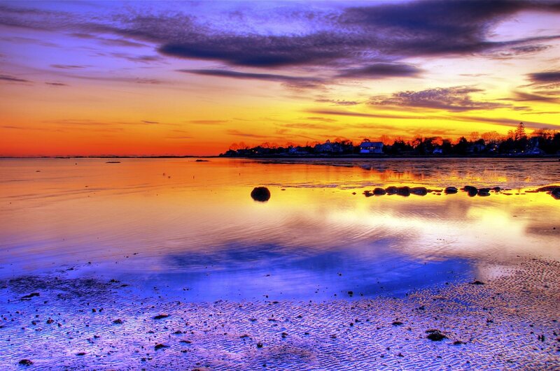 Sunset over Coastal Water — Orange, Dramatic, Photograph, Sky, Shoreline