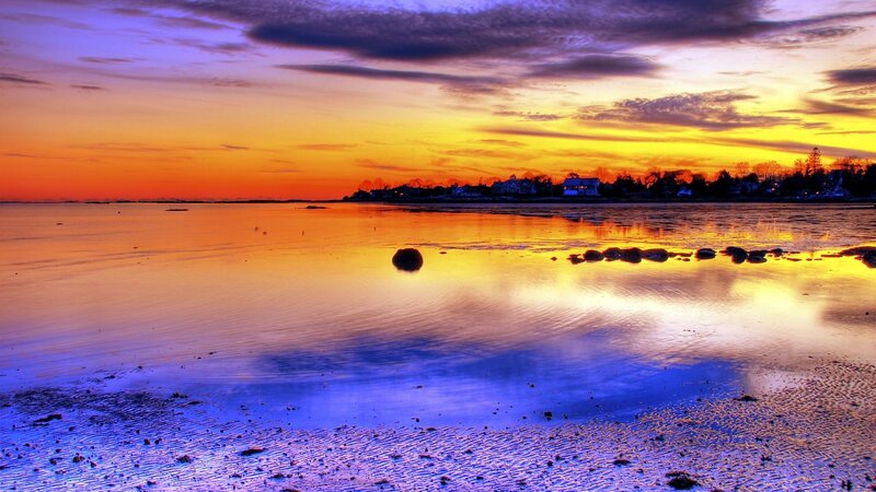Sunset over Coastal Water — Orange, Dramatic