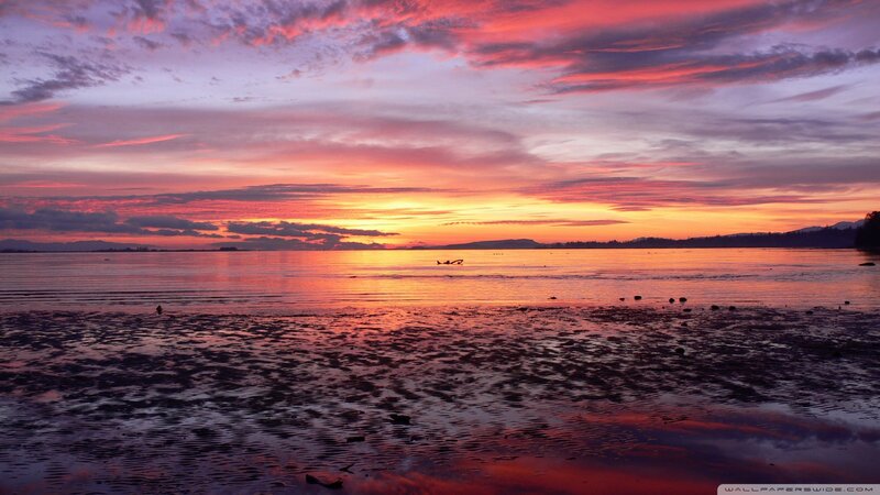 Sunset over Coastal Water — Red, Serene