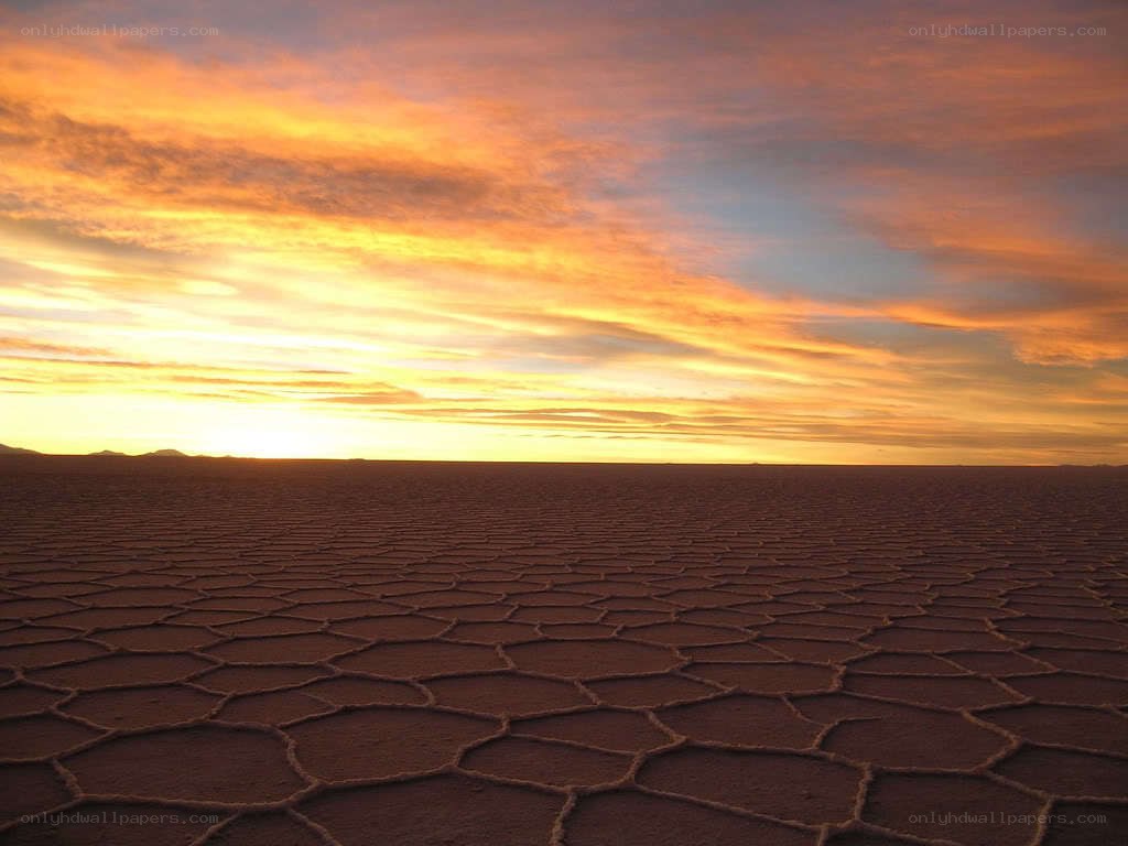 Sunset over cracked salt flats