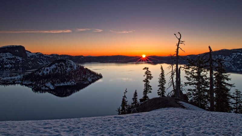 Sunset over Crater Lake — Orange, Serene, Photograph