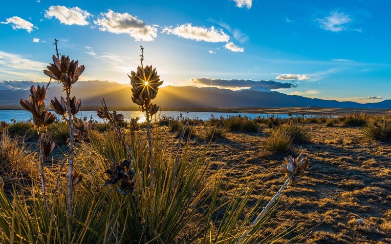 Sunset over desert lake