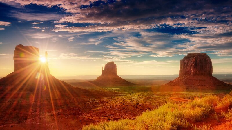 Sunset over desert rock formations