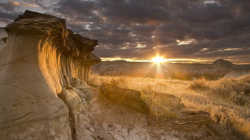 Sunset over desert rock formations