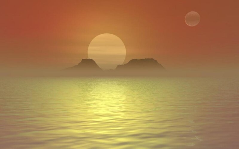 sunset over distant islands
