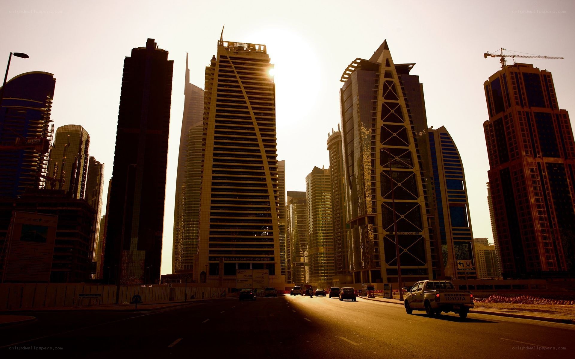 Sunset over Dubai skyscrapers