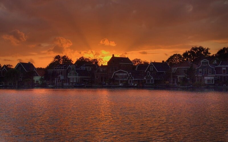 Sunset over Dutch canal houses