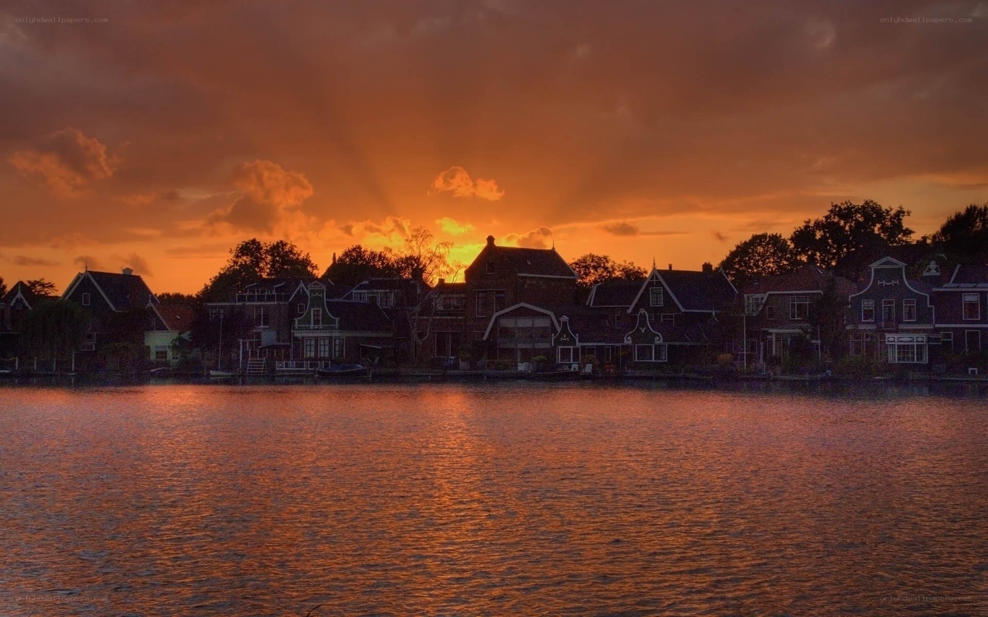 Sunset over Dutch canal houses