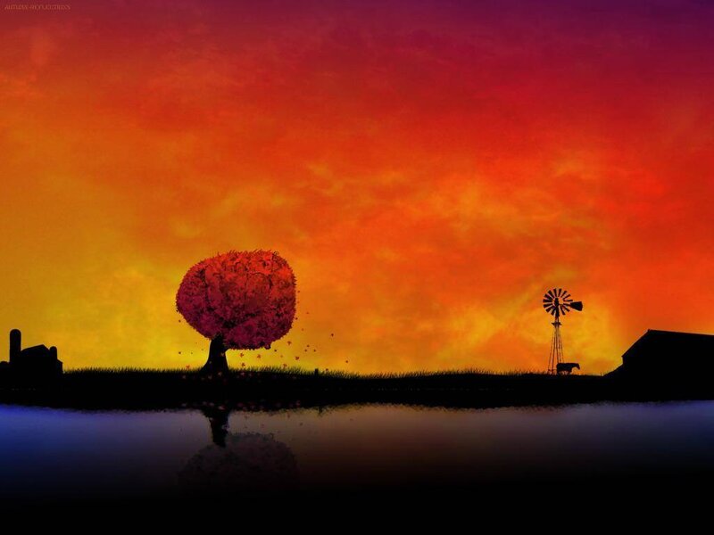 sunset over farm landscape